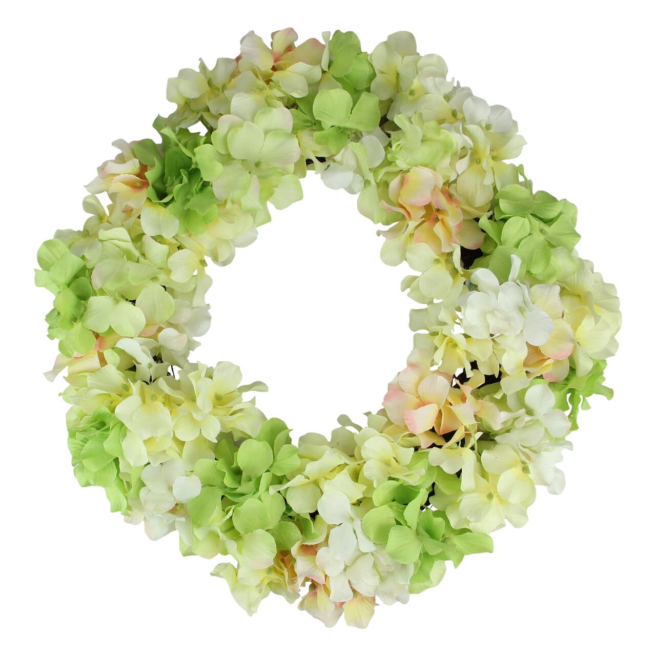 15" Yellow, Green & Pink Hydrangea Flower Artificial Spring Wreath